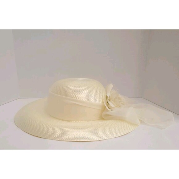 Vintage Marionette Wide Brim Womens Hat W/ Box Ivory Floral Ribbon 15\